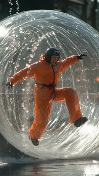 selective focus happy participant zorbing in transparent ball on water
