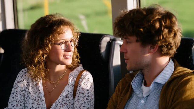 Connectioneering expressed in a quiet conversation between strangers on a train, soft morning light, body language showing curiosity and emerging human connection