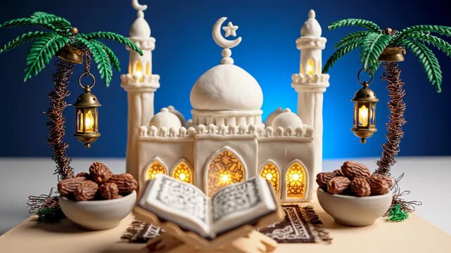 Ramadan Kareem Islamic Mosque Dates Holy Quran Lanterns Palm Trees.