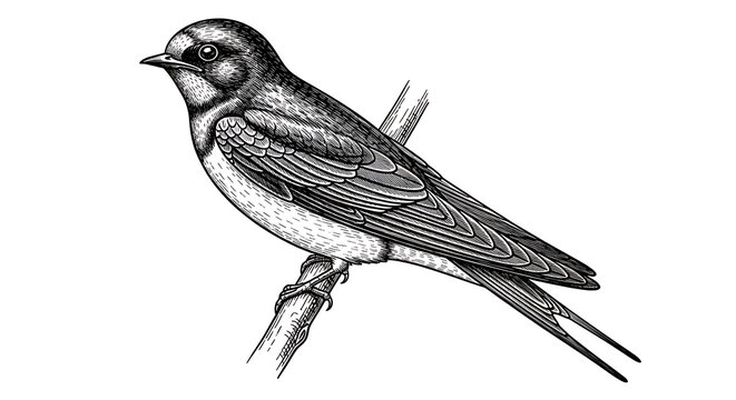 Black and white illustration of a bird perched on a branch