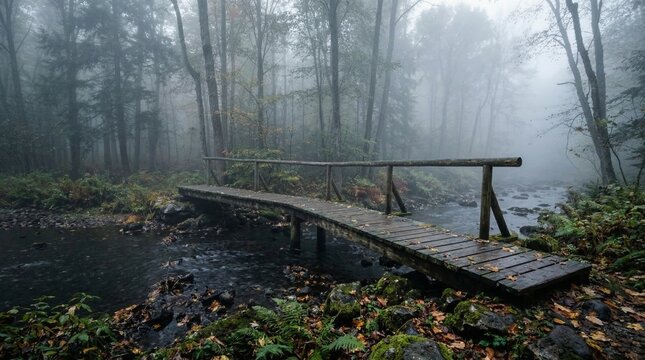Wooden footbridge crossing a stream in a foggy forest. Scenic view of nature with misty trees and autumn foliage. Concept of a peaceful journey in a quiet, mysterious wilderness landscape.