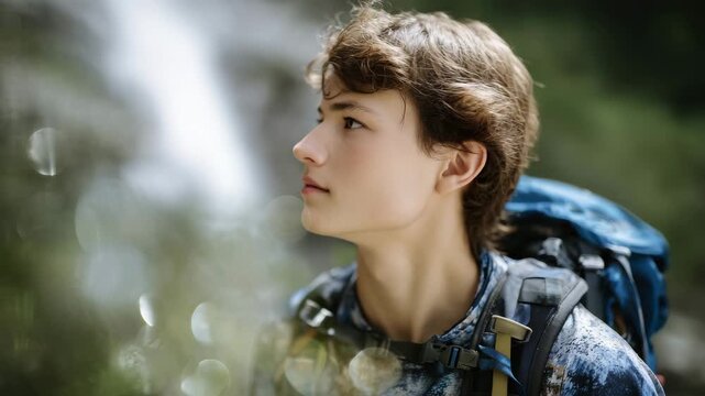 Double exposure of young traveler&rsquo;s face with forest waterfall and sunlight, hiking backpack subtle in overlay, tranquil nature atmosphere, lifestyle, adventure, and tourist outdoo
