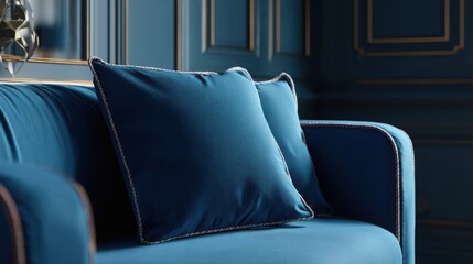 Fototapeta premium Deep Sapphire Velvet Throw Pillow with Exquisite Texture and Elegant Piping Detail