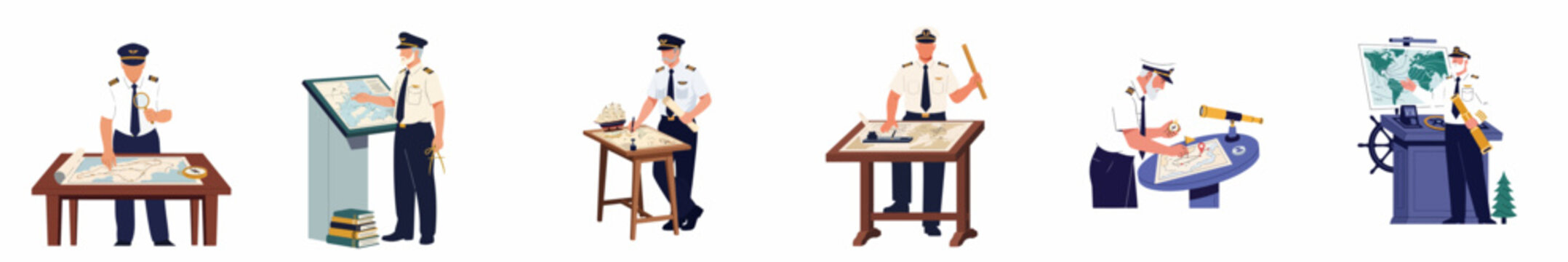 Vector illustration set of ship captains and pilots in uniform studying maps and navigational charts for maritime exploration and travel.
