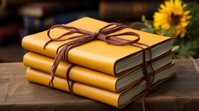 A stack of three bound journals, their yellow leather covers tied together with a brown cord, sits on a rustic wooden surface.