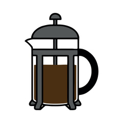 Fototapeta premium Flat vector illustration of a French press coffee maker filled with dark brew, isolated on a white background.