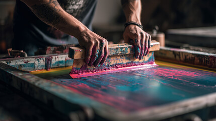 Manual screen printing process with squeegee applying ink through mesh stencil onto fabric in workshop, showing hands, tools, and detailed craftsmanship.