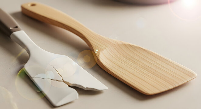 Exploring the dichotomy of functionality and disrepair through the juxtaposed image of a resilient wooden cooking tool and a fractured ceramic spatula, a metaphor for daily wear and tear