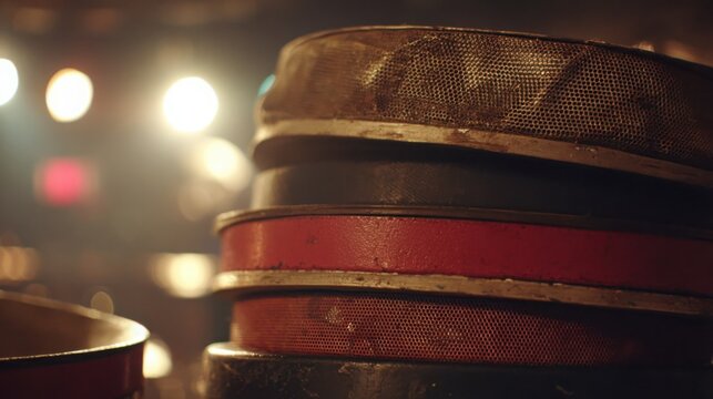 Detailed close-up of a worn stack of vintage audio speaker cones and amplifier parts in a dimly lit setting