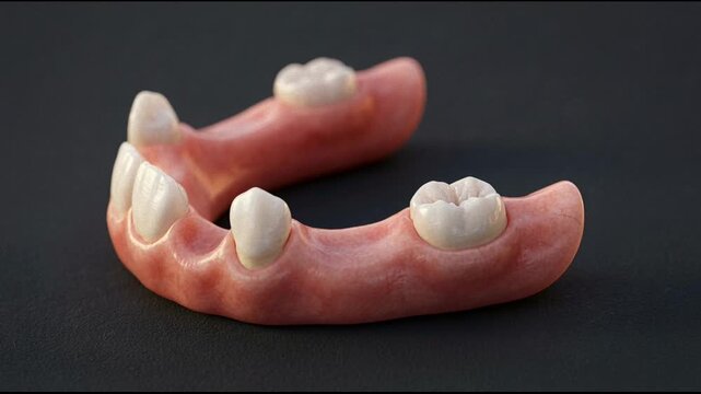 Detailed 3D animation of a partial dental model showcasing missing teeth and gum structure for dentistry education