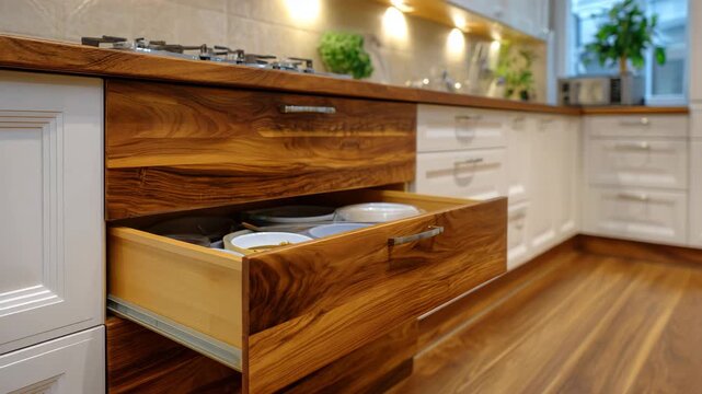 Low-angle shot of modern kitchen wooden cabinets with drawers partially open, polished wood texture, organized storage inside, soft natural lighting creating subtle shadows