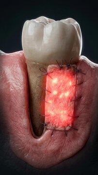 Detailed 3D Animation of Dental Gum Graft Surgery Illustrating Healing and Inflammation Around a Tooth