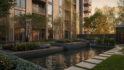 Obraz premium Serene Urban Oasis with Water Feature and Lush Greenery at Sunset