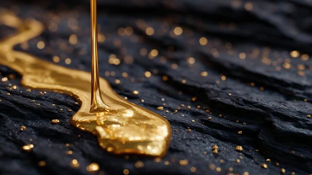 Macro close-up of molten gold flowing over a dark jagged stone surface, glistening reflections, liquid metal forming intricate rivulets, tactile rough texture of stone contrasting
