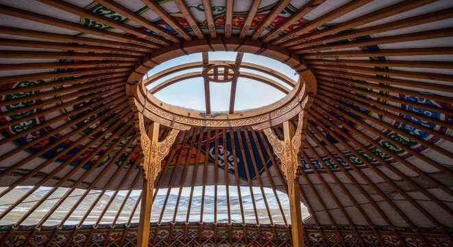 Traditional Mongolian Ger Interior with Ornate Wooden Ceiling and Sky View