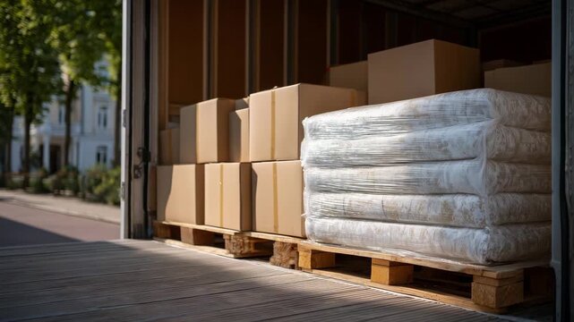 Macro close-up of boxes and wrapped furniture stacked inside moving truck, textures of cardboard and white plastic visible, sunlight casting subtle shadows, residential street sett