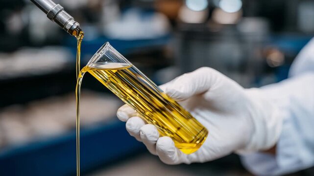 Macro detail of crude oil entering a glass vial from a stainless steel valve, gloved hands visible, controlled laboratory lighting emphasizing texture and gloss of the oil, safe pr