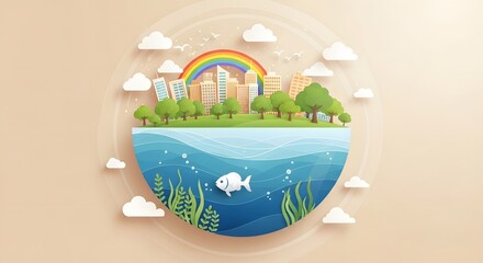 Fototapeta premium Whimsical illustration of a heart shaped ecosystem with a city rainbow and aquatic life
