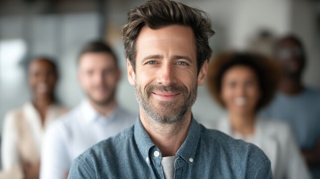 Smiling man with team transparent bg