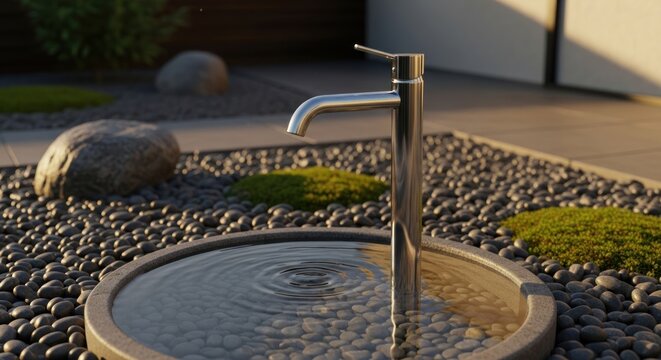 Modern outdoor water feature in a tranquil Zen garden