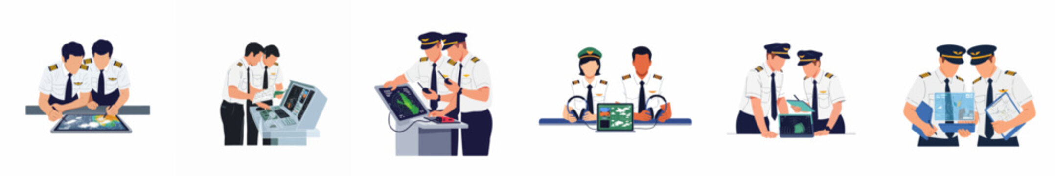 Flat illustration set of airline pilots and air traffic controllers collaborating on flight plans, navigation, and weather monitoring using digital technology.