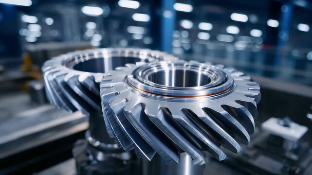 Macro top-down view of bevel gears on a calibration test stand, interlocking teeth with reflective surfaces, surrounding mechanical tools blurred, blue-gray industrial theme, engin
