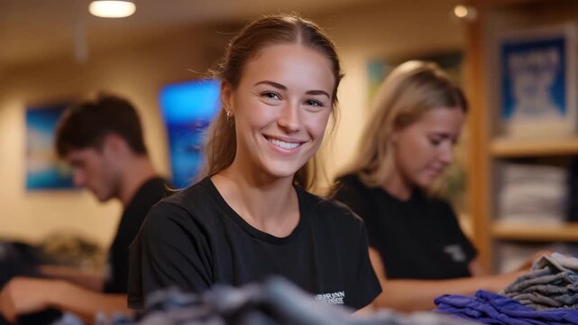 Mid-shot of volunteers checking, folding, and stacking donated clothes for redistribution, shelves filling up with neatly arranged garments, motivational posters about helping othe