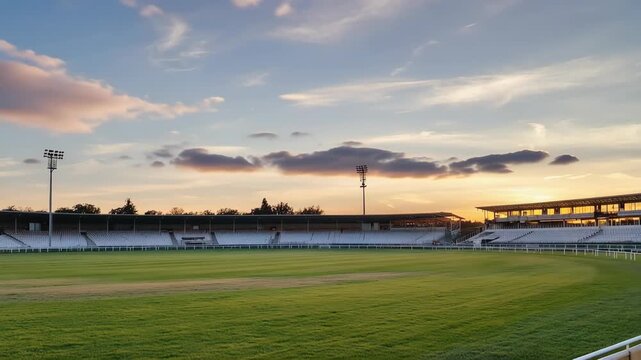 Empty sports stadium with green field under dramatic sunset sky and soft clouds