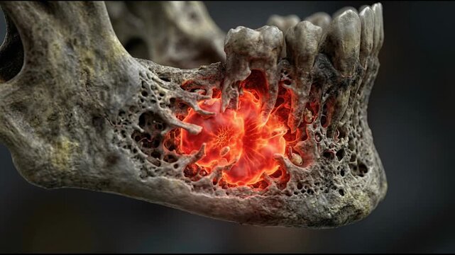 Detailed 3D Medical Animation of a Severe Dental Infection in the Human Jawbone Showing Inflammation