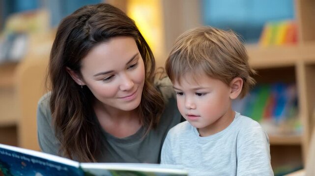 Mother and child seated together reading a picture book in an early learning center, colorful shelves in the background, cozy classroom lighting, emotional connection, corporate fa