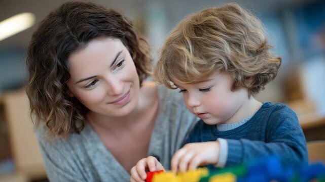 Mother supporting her child&rsquo;s fine motor skills using educational toys in a learning center, close-up detail of interaction, clean organized classroom background, nurturing atmosph