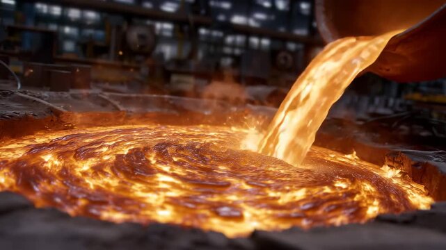 Overhead perspective of molten steel being poured into a casting mold, bright glowing liquid metal, sparks and heat reflections, rippling molten surface, industrial precision and d