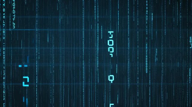 Digital futuristic background with glowing blue binary code and data streams in virtual space
