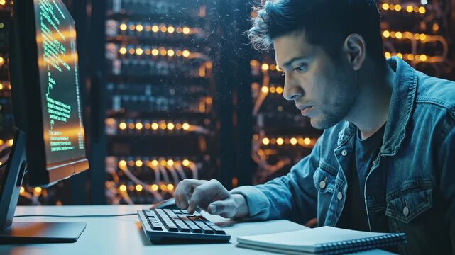 Programmer works on computer in server room. Man checks data center security. Professional programmer typing code. Man works with server racks. Tech expert manages big server system data process.
