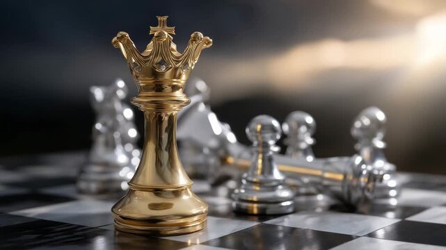 Perspective shot of chessboard with gold king and surrounding silver pieces, polished metallic textures, dramatic low-angle lighting, victory, teamwork, and corporate strategy meta