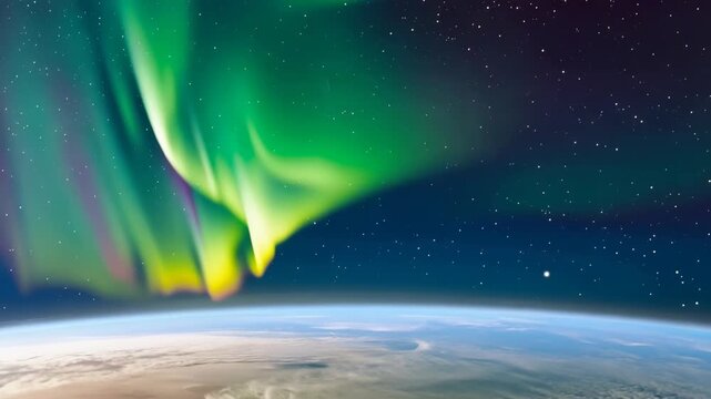 Stunning view of vibrant green northern lights over Earth from space with starry night sky
