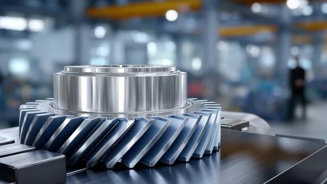 Perspective view of an industrial bevel gear assembly on a test bench, polished steel gears interlocked, blue-gray color palette, high-detail mechanical engineering, modern manufac
