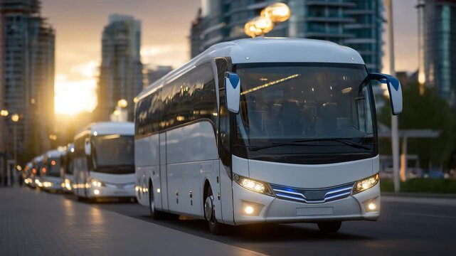 Perspective view of multiple sleek tour buses lined up, polished surfaces reflecting morning sunlight, doors open, ready for passengers, modern city street in background, urban tra