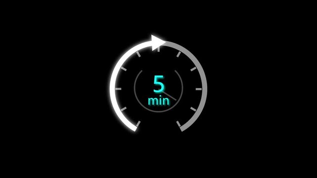 5 Min clock icon animation. 5 minute animation on black background and creating a stunning 4k video.