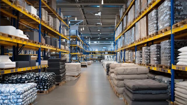 Perspective view of storage racks with assorted household furniture, sofas, tables, chairs stacked methodically, clean concrete floors, spacious organized warehouse interior