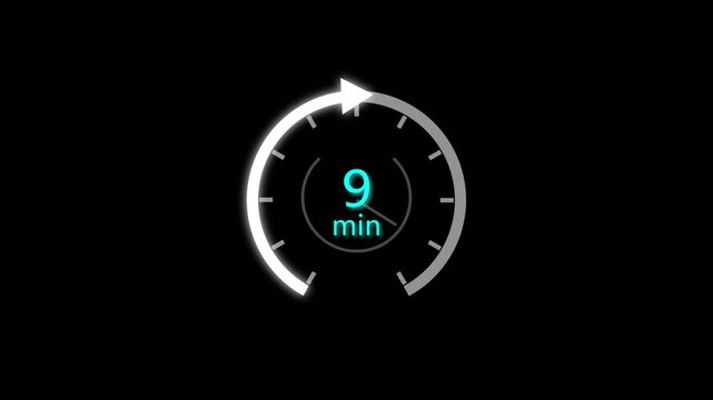 9 Min clock icon animation. 9 minute animation on black background and creating a stunning 4k video.