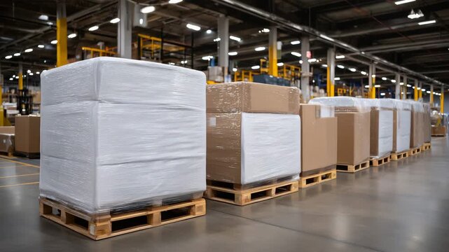 Rows of large furniture boxes wrapped in white plastic inside a spacious warehouse, stacked neatly on pallets, bright industrial lighting, ready for shipping, clean and organized d