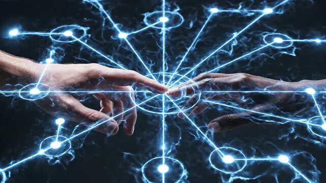 Diverse hands touching creating digital neural network connection