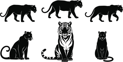 Big cat silhouette collection featuring panther and tiger in walking and sitting poses, wild feline animal set isolated on light background © MstKhadija