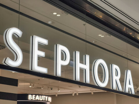 Prague, Czech Republic, March 19, 2026 &ndash; Exterior view of Sephora store signage and logo at a shopping mall. Editorial photography of a retail shop entrance in the commercial district during business