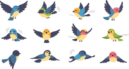 Naklejka premium Flying Bird Cartoon Vector Illustration Set with Cute Birds in Different Poses, Flapping Wings, Motion Actions, and Nature Wildlife Collection