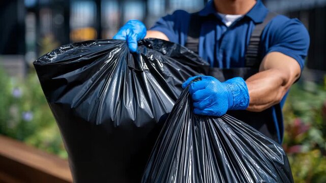 Side-angle close-up of gloved hands gripping a filled trash bag, realistic folds and pressure from garbage inside, bright natural lighting, community volunteer cleanup action empha