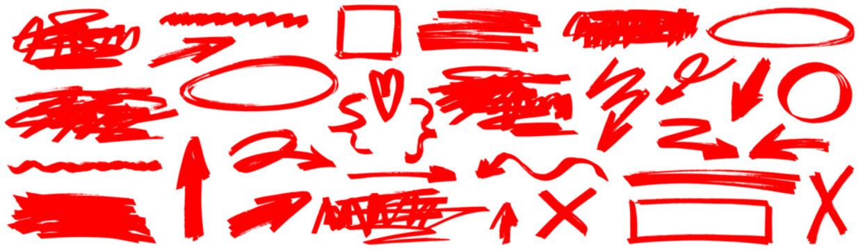 Expressive hand drawn arrow with marker, hand adds highlight, arrow and marker form line, pen, draw, underline and check marks.