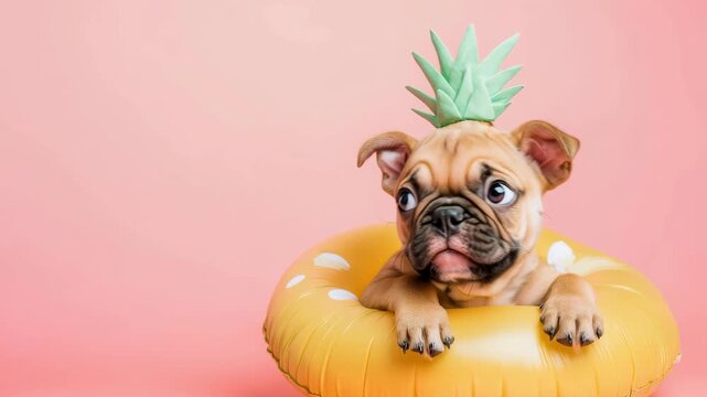 Playful puppy in pineapple float with pink background captures joyful summer vibes