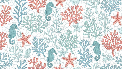 Seahorses and starfish swim among coral and seaweed underwater. © Stock Image Paradise